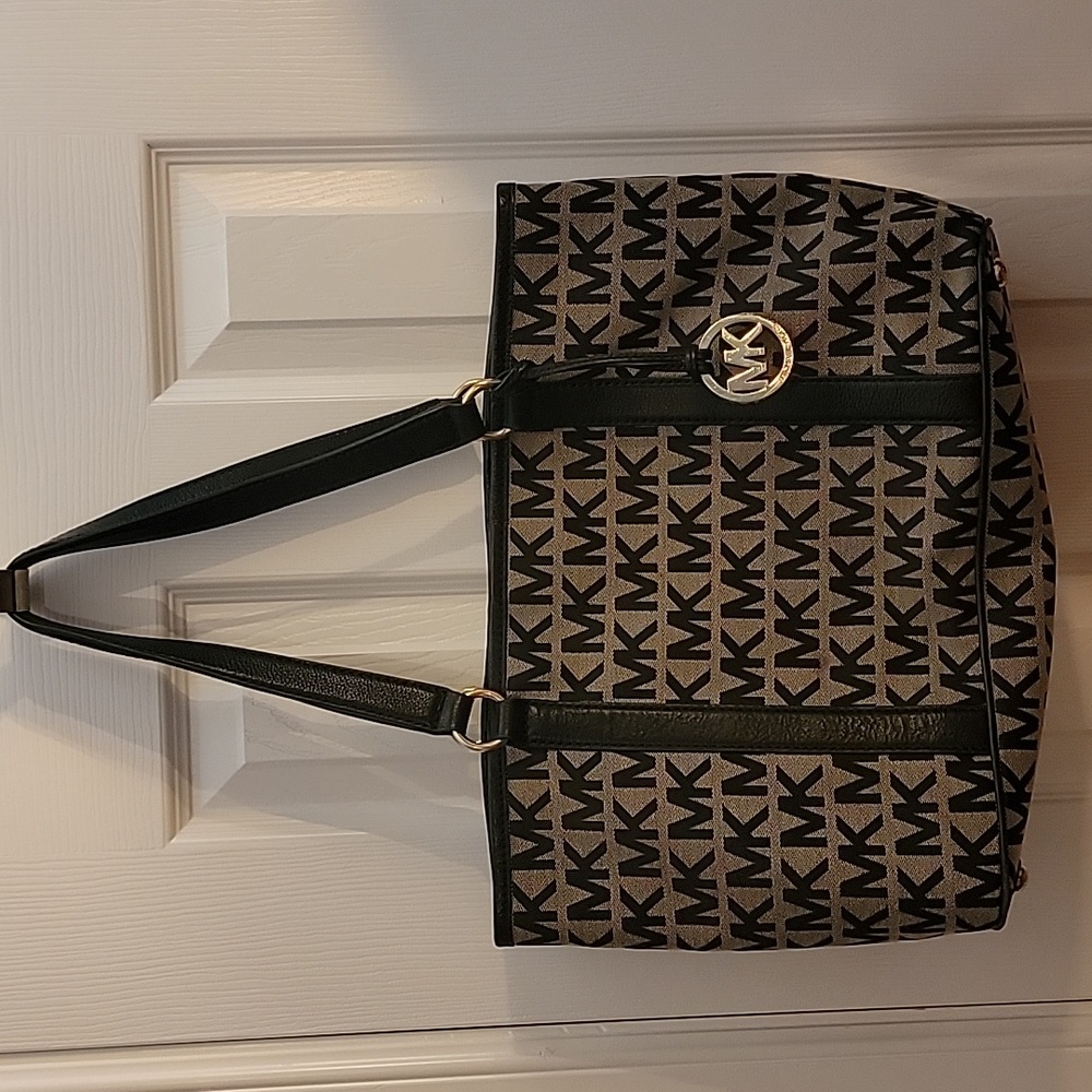 Michael Kors Large Black and Dark Tan MK label Purse